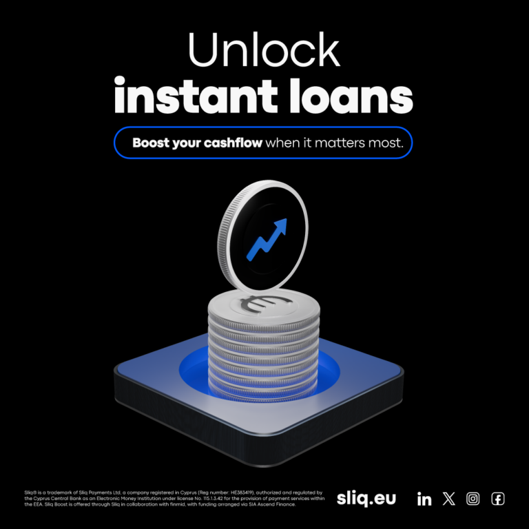 Sliq Boost instant business financing graphic with euro coins and growth arrow for Cyprus merchants