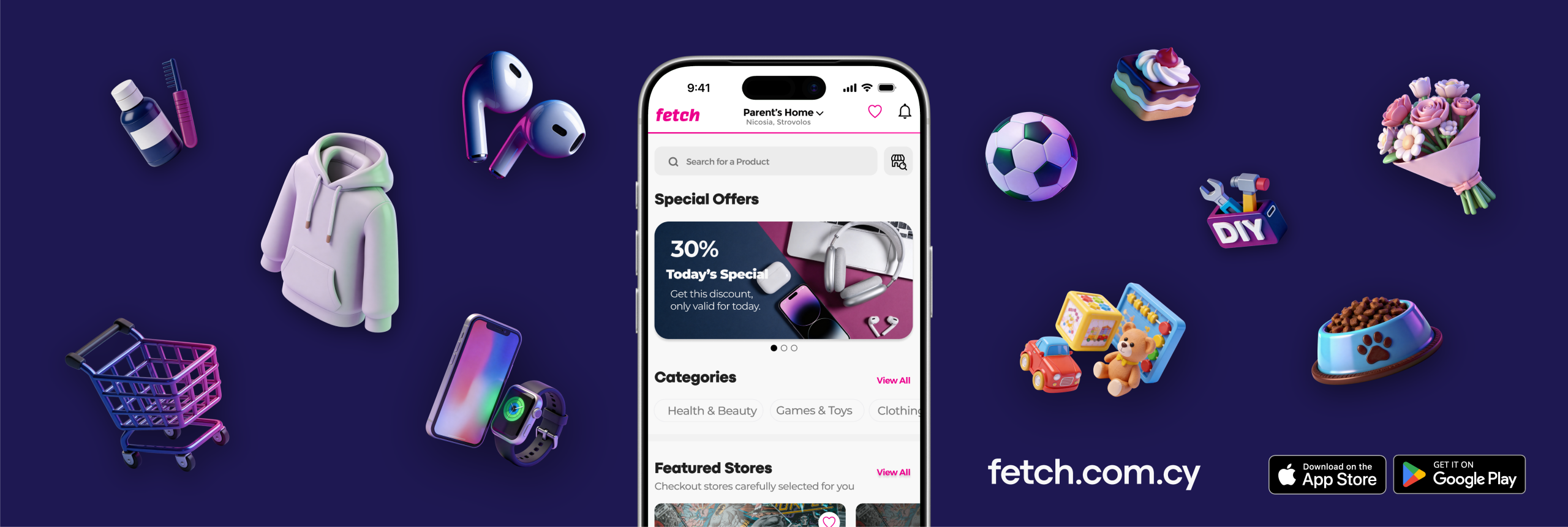Promotional Fetch banner featuring the updated mobile app interface surrounded by shopping categories including fashion, electronics, beauty, toys, sports, DIY, flowers, desserts, and pet products.