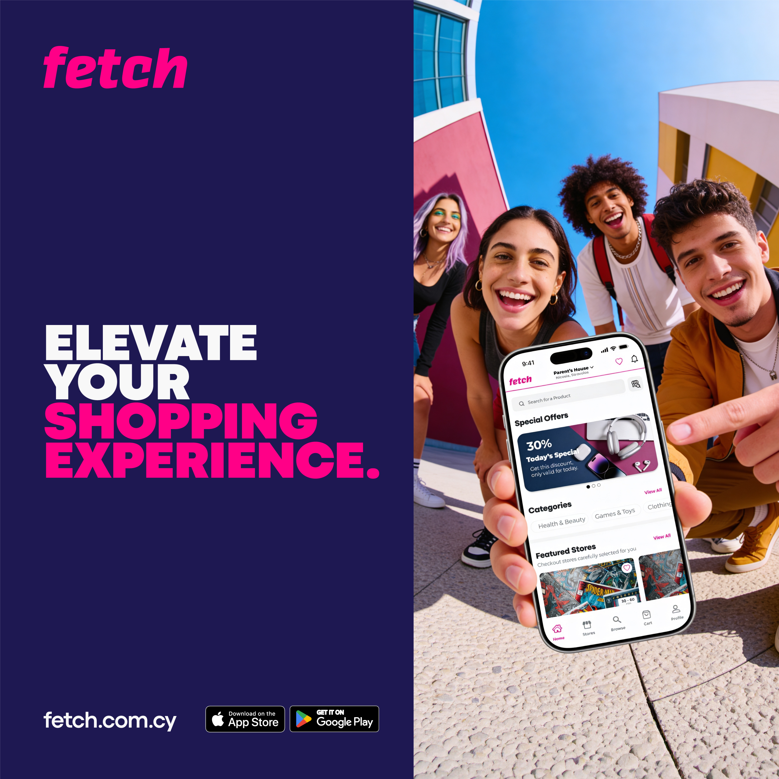 Young adults smiling outdoors while showcasing the updated Fetch mobile app interface, promoting a faster and more modern shopping experience in Cyprus.